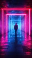 Mysterious figure walks through illuminated corridor with vibrant neon lights creating a surreal atmosphere photo