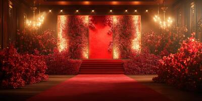 Elegant floral backdrop with bright red decor in lavish indoor setting for special events photo