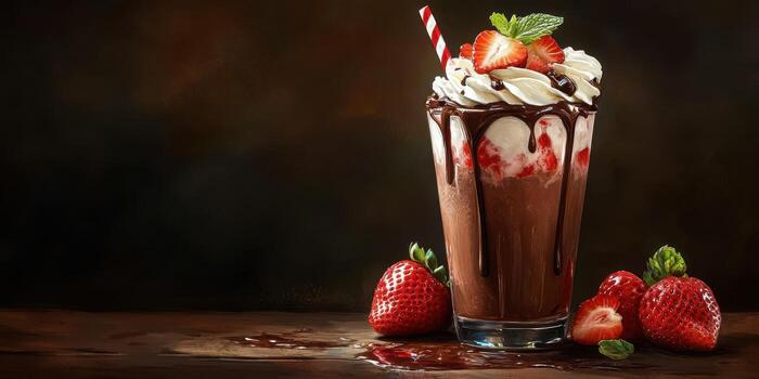 Creamy chocolate milkshake topped with fresh strawberries and whipped cream in a dark setting photo