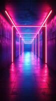 Neon corridor in an urban environment illuminated by vibrant lights at night photo