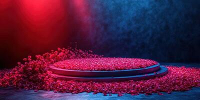 Vibrant flower stage with colorful lighting perfect for a dramatic performance or artistic display photo