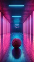 Modern basketball court illuminated by vibrant neon lights with a basketball in focus photo
