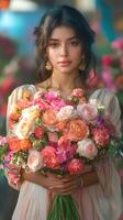 Young woman holds a vibrant bouquet of flowers in a colorful floral market during springtime in a bright and cheerful atmosphere photo
