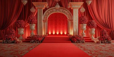 Stunning red floral stage setup adorned with elegant decorations for a grand event photo