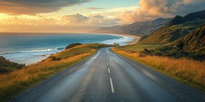 Serene coastal road winding through rolling hills at sunset near the ocean photo