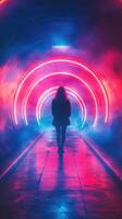 Woman walking through a neon-lit tunnel with colorful lights and fog at night photo