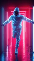 Dancer in glowing corridor performing an energetic routine at night in a futuristic setting photo