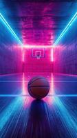 Vibrant indoor basketball court illuminated with neon lights showcasing a lone basketball on polished floor photo