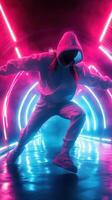Dancer showcases impressive skills in neon-lit tunnel during nighttime performance photo