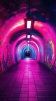 Vibrant tunnel with colorful graffiti art illuminated by neon lights at night photo