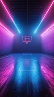 Vibrant neon-lit basketball court creates an electrifying atmosphere for night games and training sessions photo