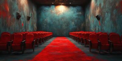 Elegant red velvet chairs line a modern cinema hall with vivid blue walls and a red carpet, inviting guests to enjoy a cinematic experience photo
