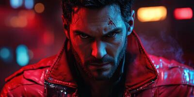 Intense close-up of man in red jacket with dramatic lighting at night in urban setting featuring neon colors photo