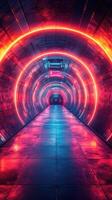 Vibrant neon tunnel showcasing circular lights in a futuristic urban environment at night photo