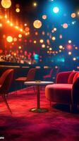 Cozy lounge with vibrant lighting and elegant furnishings creates a welcoming atmosphere for relaxing evenings photo