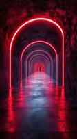 Illuminated tunnel with glowing archways in vibrant red light, creating a surreal atmosphere at twilight photo