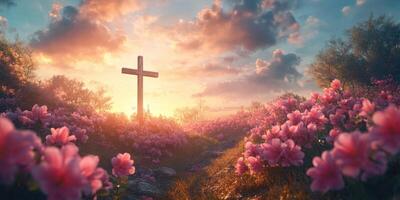 Vibrant sunset over a flower-filled landscape with a cross in the distance photo