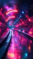 Vibrant neon lights illuminate a futuristic tunnel with reflective surfaces and a sense of depth photo
