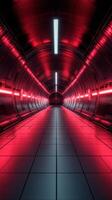 Bright red neon lights illuminate an endless corridor in a futuristic sci-fi setting photo