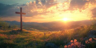 Sunset view over a lush meadow with a wooden cross surrounded by blooming flowers in a tranquil landscape photo