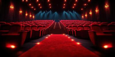 Red velvet seats fill a grand cinema hall with dim lights and a vibrant atmosphere for a cinematic experience photo