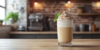 Delicious coffee frappe served in a glass with whipped cream and chocolate on a wooden table in a cozy cafe setting photo