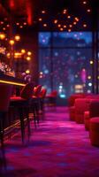 Vibrant lounge with illuminated bar and cozy seating arrangement in an urban setting during twilight hours photo