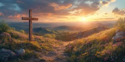 Sunset over rolling hills with a wooden cross standing on a peaceful path surrounded by wildflowers photo