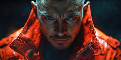 Intense gaze of a man wearing a bright jacket against a dark, smoky backdrop in a dramatic lighting setting photo