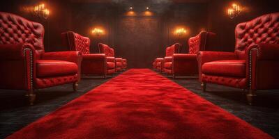 Luxurious red velvet seating in an elegant lounge with dramatic lighting and rich textures photo