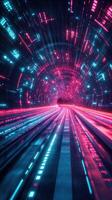 Digital tunnel with vibrant blue and pink lights creating a futuristic atmosphere in a high-speed journey photo