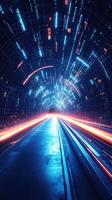 Dynamic visualization of lights racing through a futuristic tunnel at high speed, showcasing technology and motion photo