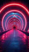 Colorful neon tunnel illuminated in pink and blue lights creates an immersive experience in an urban environment at night photo