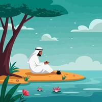 Man Relaxing by Water with Drink in Serene Nature Setting vector