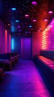 Vibrant nightclub interior featuring colorful lights and cozy seating in a modern lounge atmosphere photo