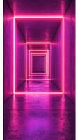 Light-filled corridor featuring vibrant pink neon lights creating geometric patterns in a modern structure photo