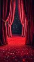 Red curtains parting to reveal a sparkling carpet leading to a stage in a theater setting photo