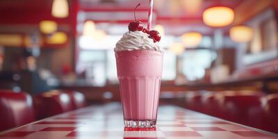 Milkshake with whipped cream and cherries served in a diner during the afternoon photo