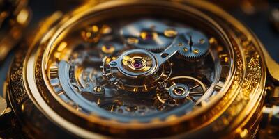 Intricate details exhibit the craftsmanship of a luxurious golden mechanical watch's inner workings photo