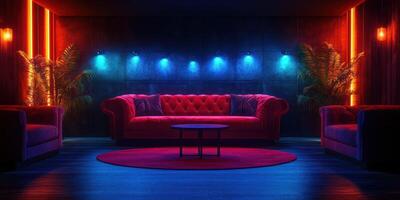 Lively lounge area with vibrant colors and modern decor perfect for social gatherings at night photo
