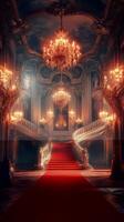 Luxurious grand staircase adorned with chandeliers and red carpet in an elegant palace hall photo