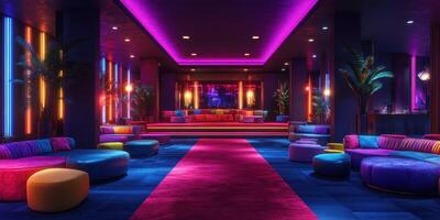 Vibrant lounge with colorful seating and neon lights creates a lively atmosphere for social gatherings and events photo