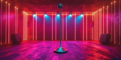 Vibrant performance stage with neon lights and vintage microphone ready for live entertainment at night photo