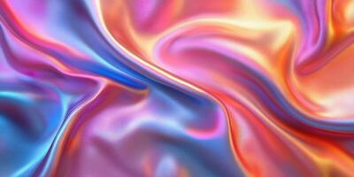 Colorful silk fabric flowing in vibrant waves creates an abstract design with shimmering hues in a modern aesthetic photo
