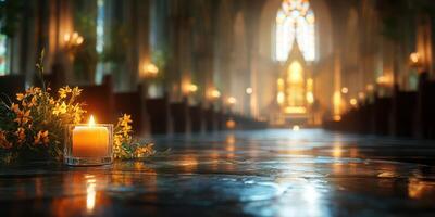 Beautiful candle with flowers in a serene church setting during evening light photo