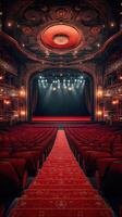Elegant theater interior with red velvet seats and stage lighting ready for performance in an ornate setting photo
