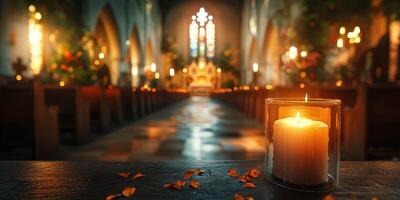 Candle illuminates serene church interior during evening service with soft light and autumn leaves photo