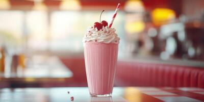 Delicious pink milkshake topped with whipped cream and cherries served in a retro diner setting photo