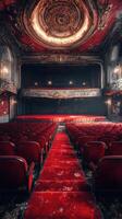 Gorgeous vintage theater with red seats and ornate decor captured during a quiet moment before the performance photo
