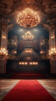 Majestic theater interior featuring ornate chandeliers and a red carpet during an evening event photo